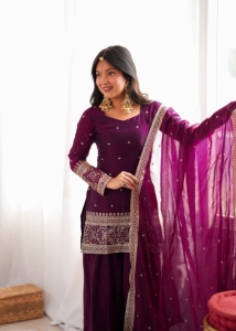 <b>Women</b> Heavy Fendy Silk <b>Kurta</b> Dupatta Farshi Shalwar Suit Set Embroidery Sequence Jari Work Party Wedding Wear Wine Color - Product Image 6