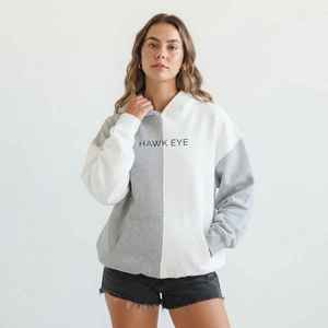 <b>Women</b> Gray <b>White</b> Color Block <b>Hoodie</b> Letter Print Drop Shoulder Pullover Sweatshirt - Product Image 1