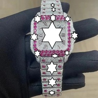 Montre carrée de luxe en acier inoxydable, sertie de moissanite rose et de cristal saphir, mouvement à quartz analogique, fermoir déployant