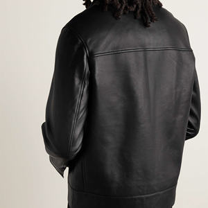 Veste moto en cuir véritable noir pour homme, col rabattu, fermeture éclair, coupe classique, pour l'automne - Product Image 3