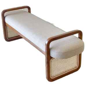 Banc rembourré en teck avec panneau en rotin - Product Image 1