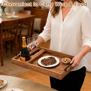 Plateau de service durable en bois d'acacia avec porte-verres à vin, logo gravé au laser, idéal pour pique-niques, fêtes et réceptions, incluant un plateau à charcuterie - Product Image 4