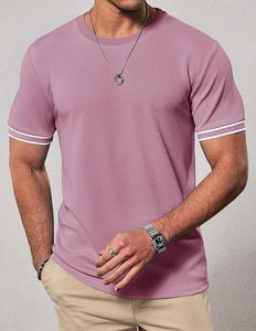 T-shirt pour homme à manches courtes, coupe ajustée, couleur unie, col rond, en coton tricoté, vêtement décontracté, design à bordure contrastée - Product Image 3