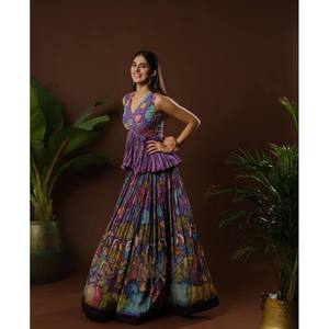 TREANDING CREPE KALAMKARI ESTAMPADO TRABAJO TOP LEHENGA MORADO - Product Image 1