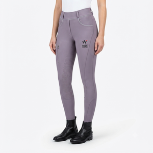 Pantalon d'équitation taille haute pour femme WIZE, longueur intégrale, extensible dans quatre directions, tricoté en Spandex et Nylon, couleur unie, logo avant - Product Image 1