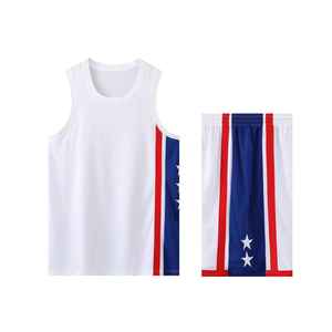 Conjunto de Uniforme de Baloncesto para Hombre, Blanco, Azul y Rojo, Camiseta sin Mangas, Pantalones Cortos, Estampado de Bandera Sublimado, Cintura Elástica, Poliéster - Product Image 4
