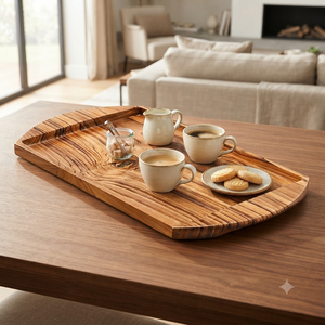Plateau de service artisanal en bois d'olivier, plateau en bois à bords naturels, plateau de service pour le petit-déjeuner, le café, le thé, la nourriture, décoration pour restaurant et maison - Product Image 5