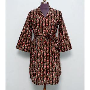 Indian Cotton Women's Midi Dress Hand Block Floral Printed Cute Vintage Style for Spring Winter Summer Casual Party <b>Button</b> - Product Image 1