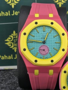 Pink Yellow Round Quartz <b>Watch</b> with Plastic Band Analog Display Vintage Eco-Friendly Unisex Fashion Style 40mm Dial - Product Image 2
