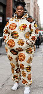 Ensemble de survêtement décontracté deux pièces pour femme grande taille, personnalisable, avec sweat à capuche en polaire et pantalon de jogging, imprimé 'American Food', coupe ample, pour l'hiver - Product Image 5