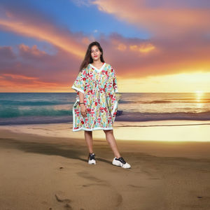 Nuevo Vestido Kimono Kaftan de Moda con Cuello en V, Manga Acampanada y Estampado Dulce hasta la Rodilla para Mujer, Ropa de Algodón Estampada a Mano al por Mayor - Product Image 3