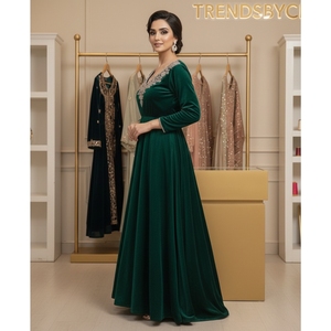 Trends Cp Luxury Hand-Embroidered <b>Sequined</b> Embellishment Pure Velvet Slit Detail Middle East <b>Kaftan</b>-Kuwait Party Modest Evening - Product Image 3