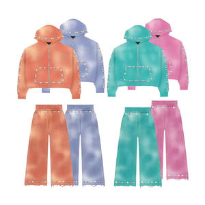 Unisex Streetwear Tracksuit Set Hooded Zipper Sweatshirt With Rhinestone <b>Details</b> And Drawstring Pants Solid Color Full Sleeve - Product Image 4