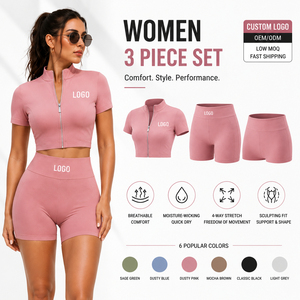 Ensemble de 3 pièces pour femme : jupe de sport, crop top zippé et short, en coton écologique, avec logo personnalisé, vente en gros - Product Image 2