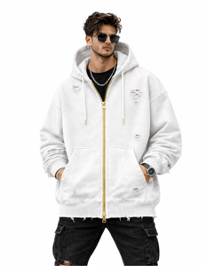Sweat à capuche unisexe blanc uni, effet vieilli, zippé, coupe oversize, style vintage, déchiré, en molleton, streetwear, avec poches - Product Image 1