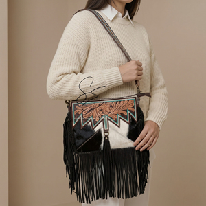 Handcrafted Cowhide Fringe <b>Sling</b> <b>Bag</b> Western Tooled Leather Crossbody Boho Tassel <b>Bag</b> for Women Turquoise <b>Bag</b> Cowgirl Purses - Product Image 1