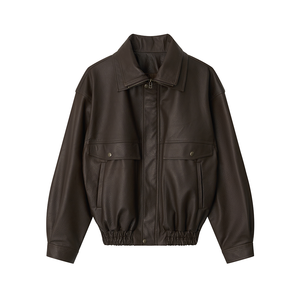 Chaqueta de Cuero Estilo Bomber con Cuello de Doble Capa y Cierre de Cremallera - Product Image 1