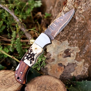 Cuchillo de Caza Plegable de Acero Inoxidable y Cobre Damasco con Mango de Cuerno de Ciervo y Funda de Cuero, Cuchillo para Exteriores 58HRC con Punta de Gota, ¡Gran Oferta! - Product Image 5