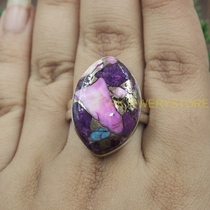 Pink Blue Copper Turquoise 925 Sterling Silver Handmade <b>Statement</b> <b>Ring</b> Marquise Shape Mosaic Inlay Unique Designer JewelryWomen - Product Image 5