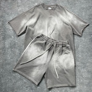 Custom Logo <b>Spray</b> Dyed Distressed Round Neck Unisex Short Sleeved T-shirt and Shorts 2 Pieces <b>Set</b> for Men Women - Product Image 6