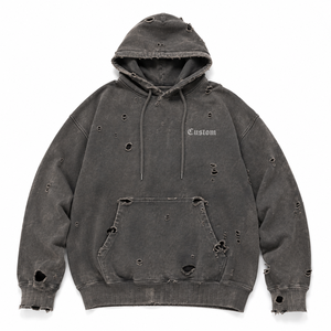 Sweat à capuche personnalisé vintage délavé à l'acide pour homme, coupe oversize, en molleton de coton épais, effet vieilli, style streetwear, déchiré - Product Image 2