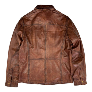 Samtiq Industries <b>Men's</b> Brown <b>Leather</b> Shirt <b>Jacket</b> Turn-down Collar Workwear Style Regular Length Single Button Closure Winter - Product Image 2
