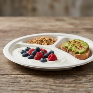 Assiette ronde biodégradable de 12 pouces avec quatre compartiments pour les repas à emporter, la rentrée scolaire et l'usage quotidien - Product Image 1