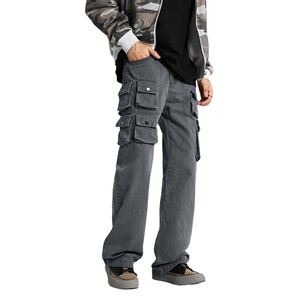 Pantalon Cargo Décontracté Homme Gris en Toile de Haute Qualité, Coupe Ample Empilée, avec Poches Latérales, en Denim Droit 100% Coton - Product Image 1