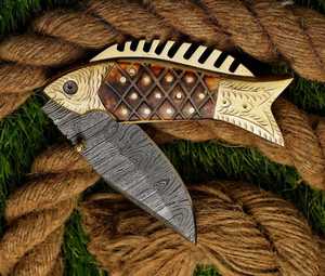 Ready To Ship Damascus Steel Fish Folding Pocket <b>Knife</b> Industrial Grade Outdoor Camping Wood <b>Handle</b> Customizable with Sheath - Product Image 2