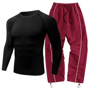Men's 2 Piece Compression Set Crew Neck Long Sleeve <b>Top</b> Full Length Pants Solid Color Quick Dry <b>Sweat</b>-Wicking Breathable - Product Image 1