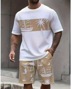 T-shirt d'été pour homme, blanc, imprimé voilier et palmiers, col rond, décontracté, respirant, tricoté, 100% coton, impression numérique, logo frontal - Product Image 3