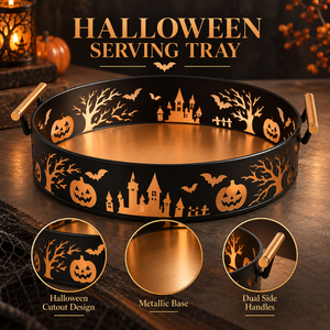 Plateau de service rond d'Halloween avec poignées |   Plateau en métal noir et or avec découpe en forme de citrouille, chauve-souris et château pour bonbons, snacks et fêtes - Product Image 5