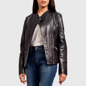 Women's Black Genuine <b>Leather</b> Moto <b>Jacket</b> Full Sleeve Stand Collar Zipper Closure Autumn Style - Product Image 5