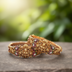 Mahalekshmi Kada <b>Bangles</b> 2x6-Ethnic Jade & <b>Copper</b> Bracelets with Pearl Accents - Product Image 3