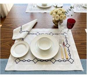 Custom Wholesale Luxury Handmade Embroidered Blue Chains Placemats Napkins Sets White Linen <b>Trays</b> Thin Washable Reusable Home - Product Image 1