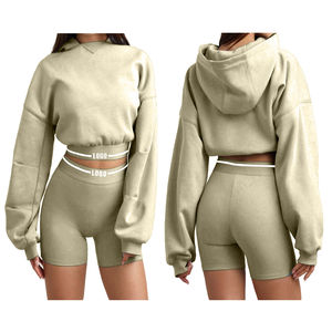 Conjuntos de Sudadera Corta Informal y Pantalones Cortos para Mujer, Elegantes y Cómodos, en Tela de Rizo, Servicio ODM - Product Image 5