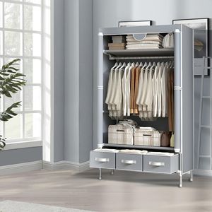 Armoire Portable Légère avec Porte Roulante et Tringle de Suspension, 3 Tiroirs, Design Rideau pour Rangement de Vêtements - Product Image 1