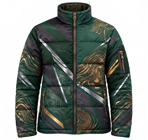 Veste d'hiver unisexe personnalisée, sublimée, épaisse et chaude, verte, imprimé montagne aztèque, coupe-vent, rembourrée, style streetwear. - Product Image 6