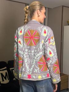 Boho Chic Suzani Floral Embroidery 100% Cotton Autumn <b>Winter</b> <b>Quilted</b> Canvas Handmade Button Finished Eco-Friendly Regular Jacket - Product Image 4
