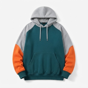 Sudadera con capucha de forro polar para hombre, color verde azulado con bloques de color y mangas naranjas, estilo oversize, streetwear, casual, deportiva, personalizada, al por mayor - Product Image 1