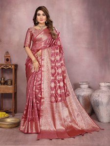 Heritage Soft Organza Silk Ethnic Saree With Woven Butti Pattern Gold Zari Border Unstitched Blouse Regional Clothing - Product Image 2