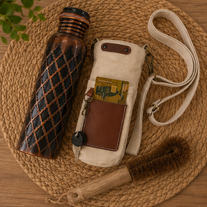 Ensemble de pochettes pour bouteilles en cuivre à motif losanges minimalistes, écologique, portable, multi-usage, pour la maison, avec dessous de verre et couvercles - Product Image 6