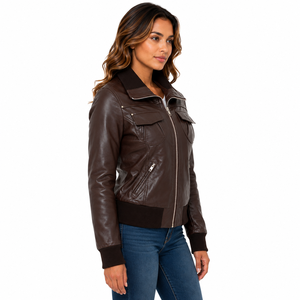 Blouson Bomber en Cuir Véritable et Toile Marron pour Homme Amirez, Patch Drapeau Américain sur le Devant, Fermeture Éclair, Rembourrage en Coton, Séchage Rapide - Product Image 3