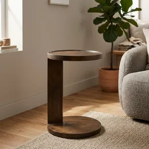 Modern Wooden Side <b>Table</b> <b>Round</b> Top Handmade Minimalist Design Dark Wood Finish Living Room Furniture - Product Image 2