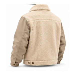 Men's Beige <b>Fleece</b> Jacket With <b>Sherpa</b> Lining Turn Down Collar Button Closure Contrast Leather Sleeves Windproof OEM Wholesale - Product Image 4