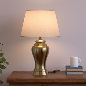 Brass Antique Finish LED <b>Table</b> Lamp with White Fabric Lamp Shade Vintage <b>Bedside</b> Living Room Decorative Light - Product Image 3