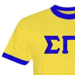 T-shirt à col rond à manches courtes pour femme, avec lettres en satin jaune et bleu Sigma Gamma Rho, pour sororité grecque, vêtements de campus personnalisés - Product Image 4