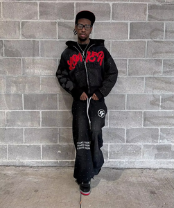 Ensemble de survêtement délavé pour homme : Hoodie oversize et pantalon évasé – Style streetwear vintage en coton épais – Ensemble décontracté deux pièces - Product Image 1