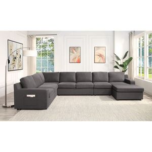 Divano Sezionale a U Waylon 145.5'' in Lino Grigio a 7 Posti con Chaise Longue e Tasca per Soggiorno - Product Image 1