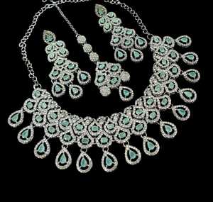 <b>Silver</b> Plated Brass Zircon Bridal Set <b>Choker</b> Necklace Drop Earrings Tikka Ethnic High Quality Wedding Engagement Anniversary - Product Image 1